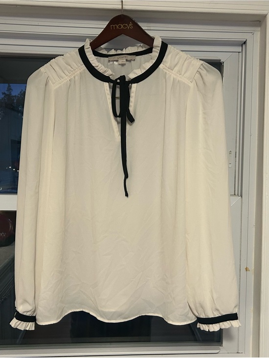 LOFT Tops - LOFT White Blouse with Black Trim and Tie Neck Size Large